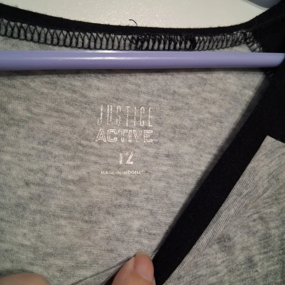 Justice Active Girls Gray Black Raglan Baseball Tee Crown Lace Stripes Size 12